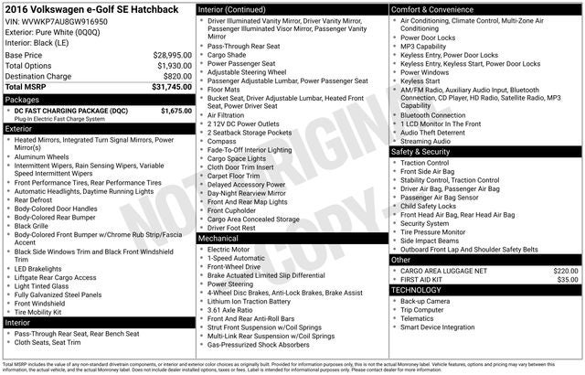 2016 Volkswagen e-Golf SE