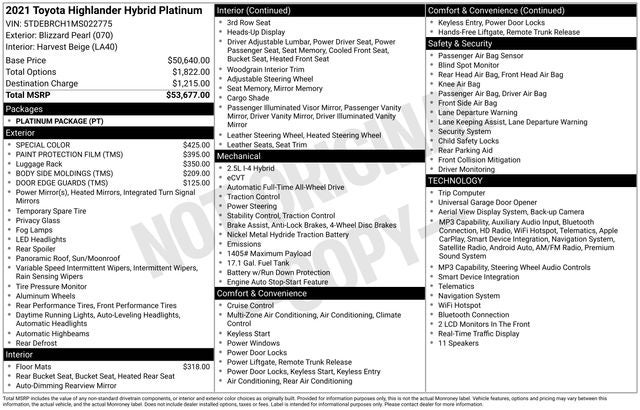 2021 Toyota Highlander Hybrid Platinum